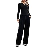 Mudere 2 piece Matching Lounge sets for women long sleeve henley top with high waist wide leg pants Travel Casual Outfits