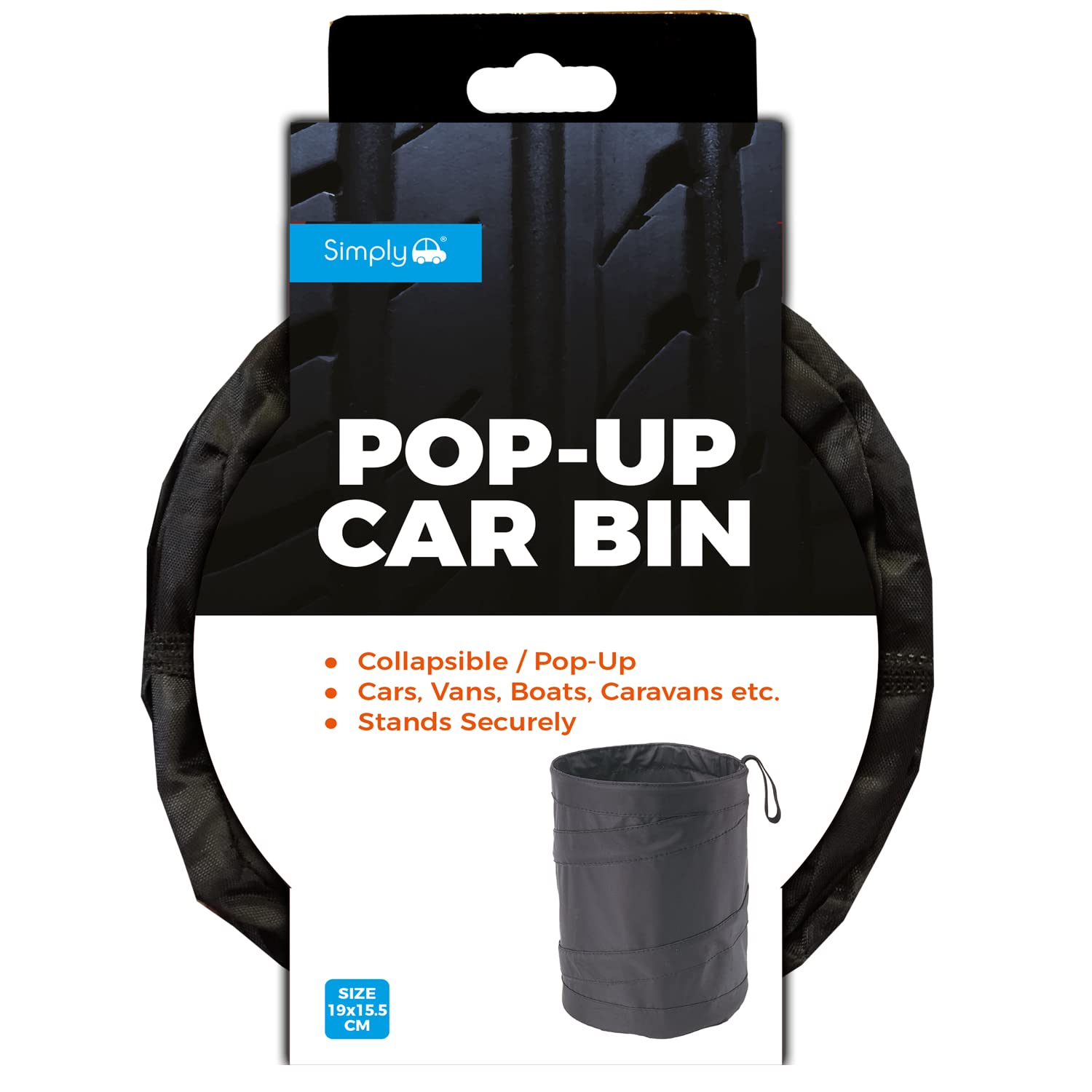 Simply POP01 Pop-up Car Bin Medium Sized Collapsible Foldable Waste Basket hung to a seat using the strap H19cm x W15.5cm Strong bottom Velcro, Black