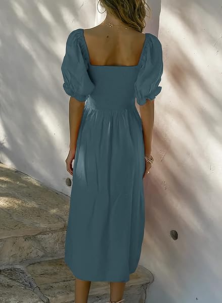 WOMEN’S SUMMER CASUAL PUFF SLEEVE DRESS SQUARE NECK SMOCKED OFF SHOULDER BOHO SIDE SPLIT MIDI DRESSES
