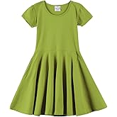 Noomelfish Girls Short Puff Sleeve Dress Summer Casual Knit Swing Twirl Skater Dresses with Pockets (2-12 Years)