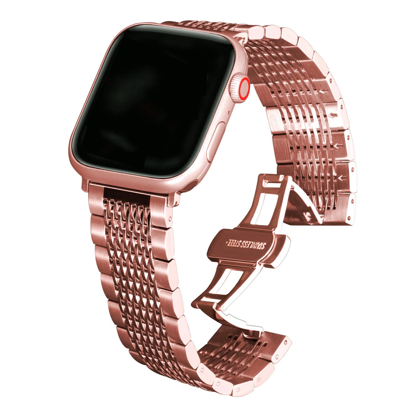 Kai Tian Solid 42mm 44mm 45mm 49mm Polished&Matte Mesh Watch Strap Compatible for Apple Watch Band Stainless Steel Replacement Bracelet for iWatch Series 7 6 5 4 3 2 1 Sport Rose Gold