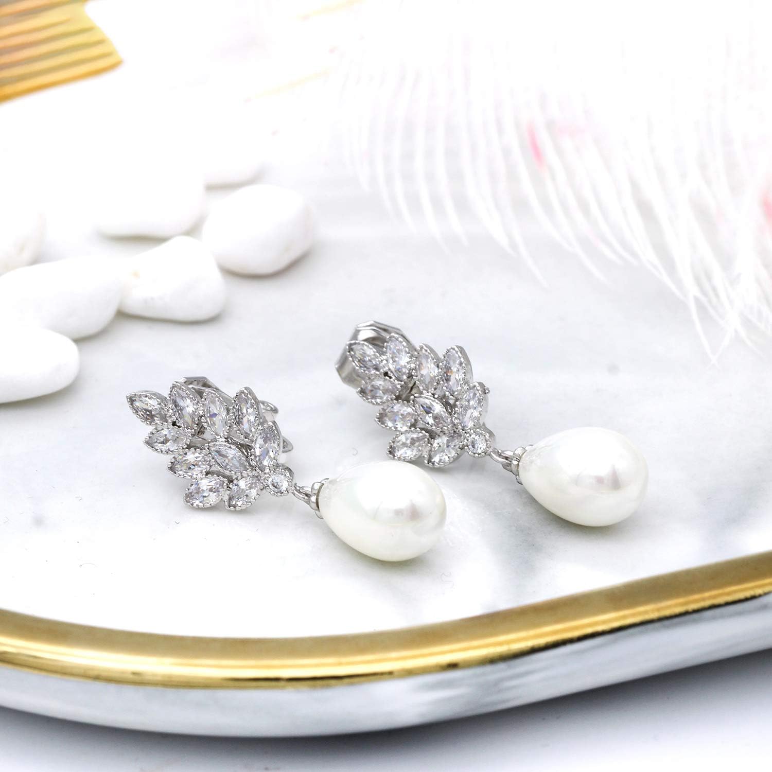 QUKE Leaf Shape Clip On Earrings for Women Cubic Zirconia Simulated Pearl Bridal Non-Pierced Dangle Jewellery - Image 4