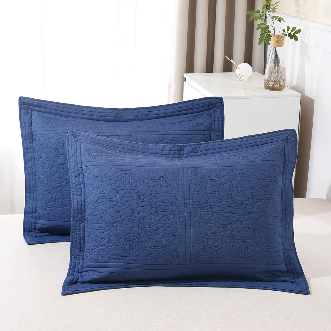 Photo 1 of WINLIFE 100% Cotton Quilted Pillow Sham Floral Printed Pillow Cover (Standard, Navy Blue)