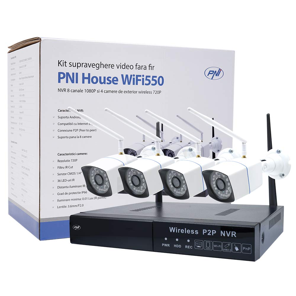 Video surveillance kit PNI House WiFi550 NVR 8 channels 1080P and 4 outdoor wireless cameras 720P, P2P, IP66