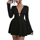 SOLY HUX Women's Deep V Neck Mini Dress Long Sleeve A Line Flared Cocktail Party Dresses
