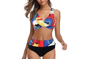 Uscharm Bathing Suit for Women 2 Piece Bikini Sets Padded Push Up Swimsuits Surplice V Neck Triangle Top Mid Rise Swimwear