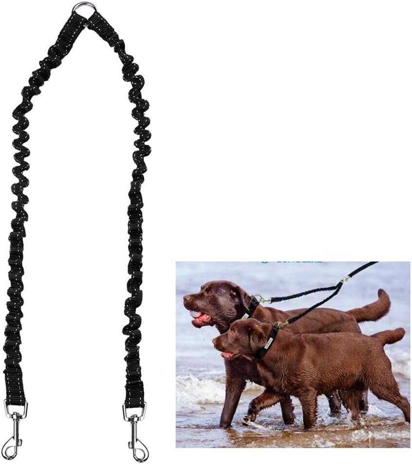 No Tangle Elastic Bungee Dog Leash Coupler, 2 Way Double Dog Walking and Training Leash - Two Dogs Splitter Lead - Black