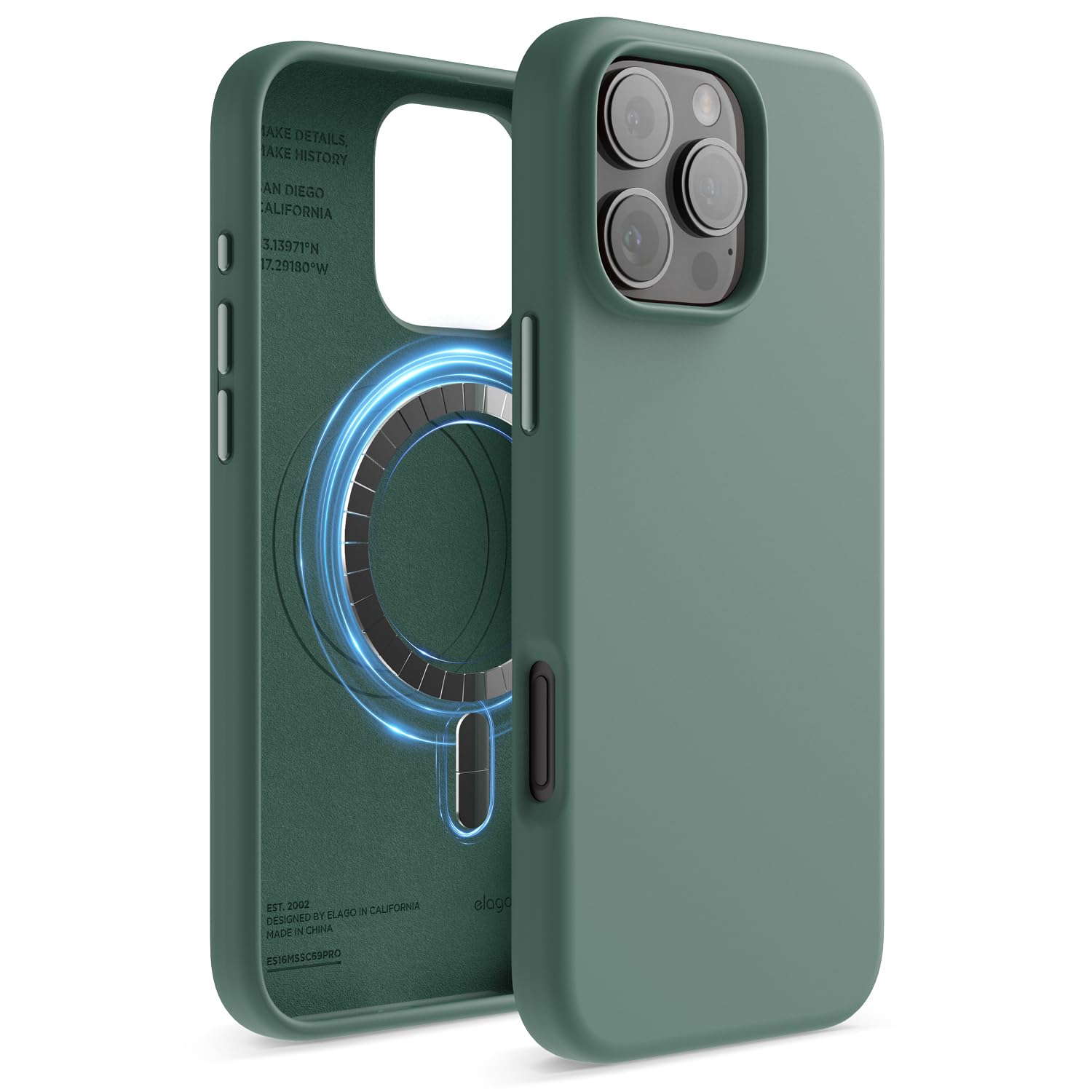 elago Magnetic Silicone Case Compatible with iPhone 16 Pro Max Case 6.9 Inch Compatible with All MagSafe Accessories - Built-in Magnets, Soft Grip Silicone, Shockproof (Midnight Green)