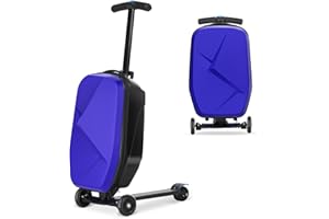 SMILESUN Scooter Luggage For Kids & Adults， Hardside Ride On Suitcase For Kids Ages 4-15 Multifunctional Lightweight Foldable Carry On Luggage With Wheels Ride On For Children Teenagers (Indigo Blue, 20")