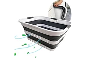 SAMMART Collapsible Plastic Rectangular Laundry Basket - Foldable Pop Up Storage Container/Organizer - Portable Laundry Hamper - Space Saving (White/Steel Grey, 42L)
