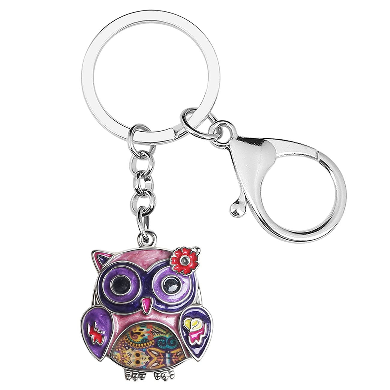 Enamel Alloy Anime Flower Owl Keychain Bird Keyring Fashion Jewelry For Women Girls Charm Gift (Purple)