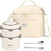 Voova Stackable Stainless Steel Thermal Lunch Box with Lunch Bag for Women Men Adult, 2 Tier Leakproof & Microwave Safe Insulated Bento Boxes Food Container for Work, Beige