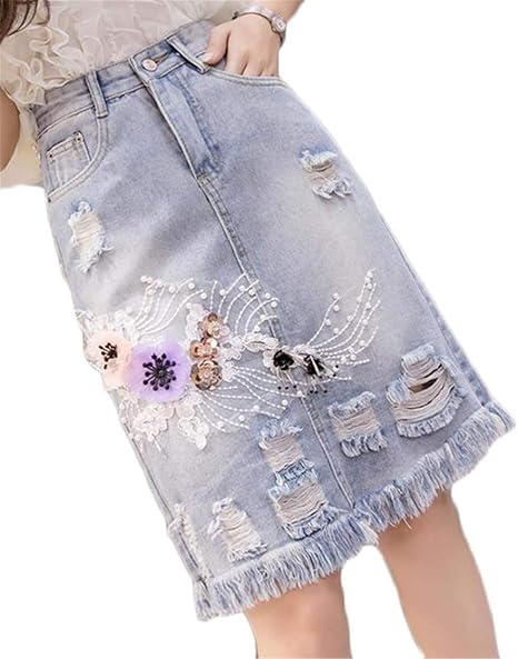 Amazon トナリ レディース デニムスカート フリンジ ダメージ タイトスカート フラワー 立体的な花 オシャレ ジッパー ボタン 膝丈 ヒップアップ ファッション スカート 通販