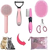 Cat Brush Grooming Kit 5pcs - Cat Brush for Shedding & Matted Fur, Self-Cleaning Brush with Flea Comb for Indoor Cats, Brush