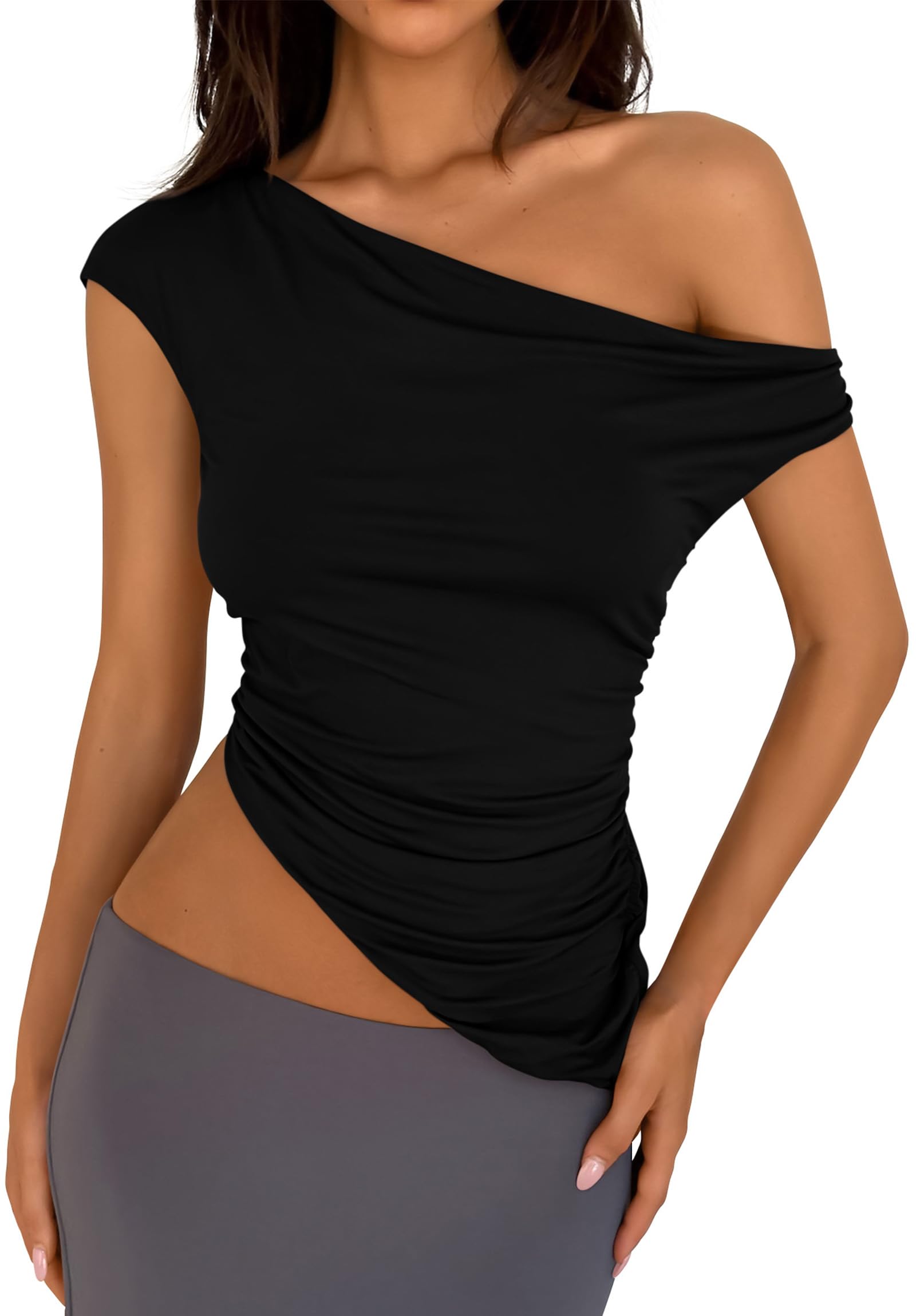 Photo 1 of PRETTYGARDEN Womens 2025 Summer Off The Shoulder Crop Tops Sleeveless One Shoulder Ruched Asymmetrical Y2K Going Out Tank Top (Black,Medium)