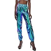 ODIZLI Womens Shiny Metallic High Waist Stretchy Jogger Pants Holographic Hip Hop Club Wear Streetwear