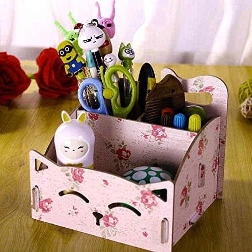 CellCase Wooden DIY Assemble Cute Cat Pen Pencil Storage Box Cosmetic Holder Desktop Organizer for Home Office (Camellia Pattern)