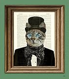 Dr. Barnabas Claw Victorian CAT gentleman with top hat bow tie scarf and nose glasses upcycled dictionary page book art print doctor