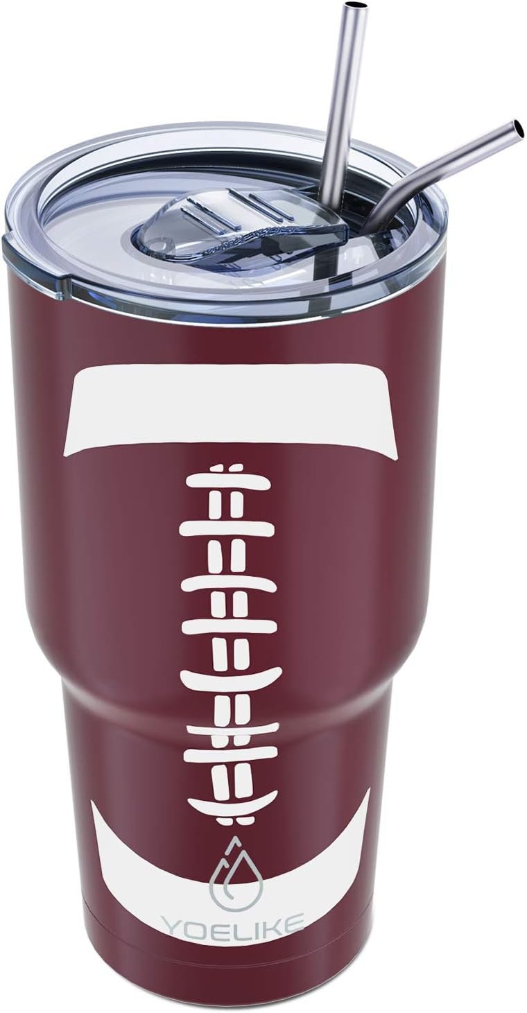 Yoelike 30 oz Stainless Steel Insulated Tumbler with Straw and Lid, Straw Clean Brush, Tips, Gift Double Wall Vacuum Coffee Cup, 18/8 Stainless Steel Travel Mug for Ice Drink, Hot Beverage Football