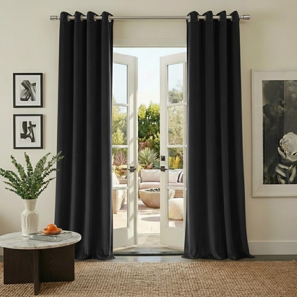 PONY DANCE Black Velvet Curtains 52x90 Inch - Thermal Insulated Room Darkening Curtains 90 Drop Eyelet Blackout Panels Luxury Home Decor Window Treatments for Living Room/Bedroom, Set of 2