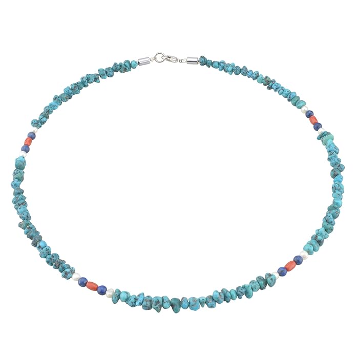 Funk-Collier Edelsteinkette Arizona Türkis, Lapis Lazuli, Koralle, 925oo Silber Schloss, ca. 44 cm
