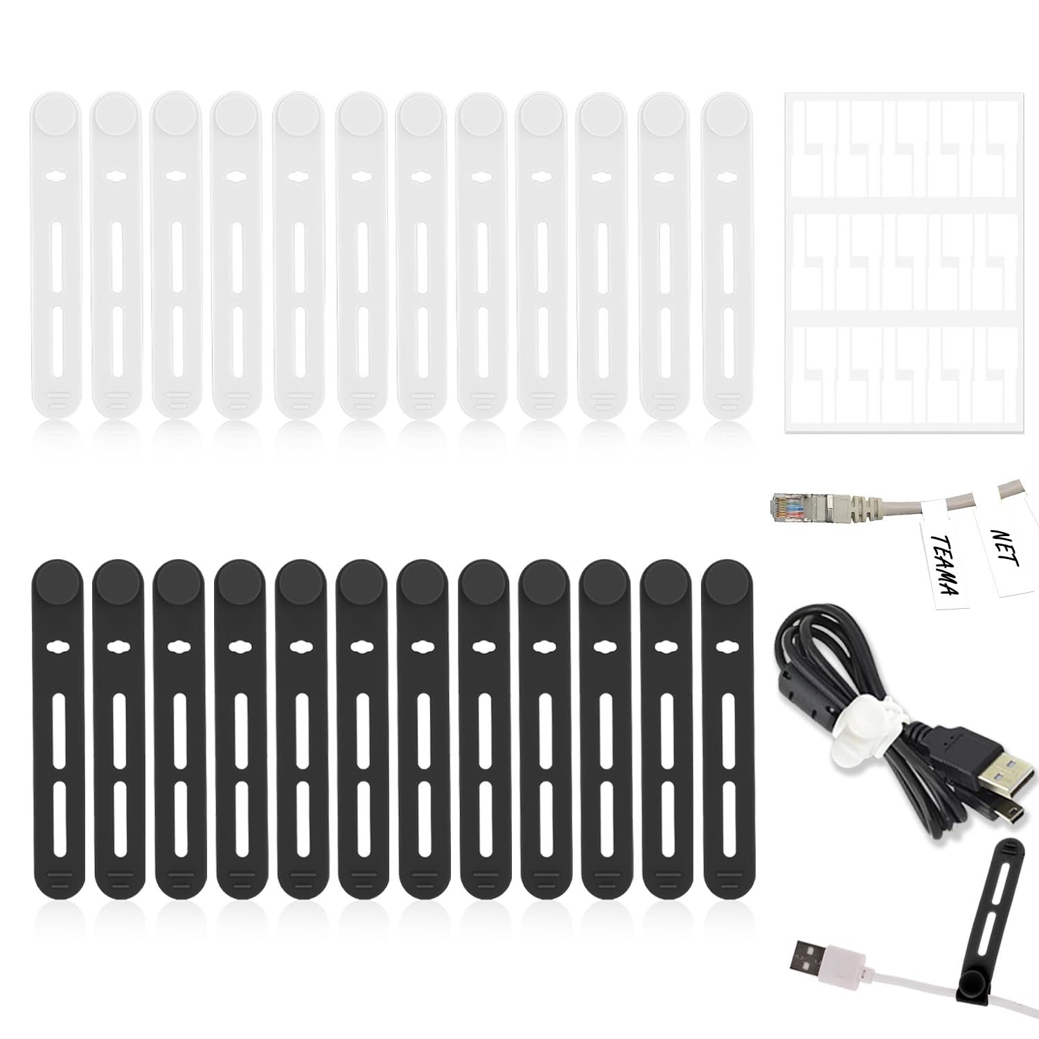 Reusable Cable Ties, 24 Pcs Adjustable Silicone Cable Ties, 30 Pcs P-Shaped Cable Label Multifunctional Cable Straps Wire Organizer for Earphone Phone Charger Audio Cable (Black&White)