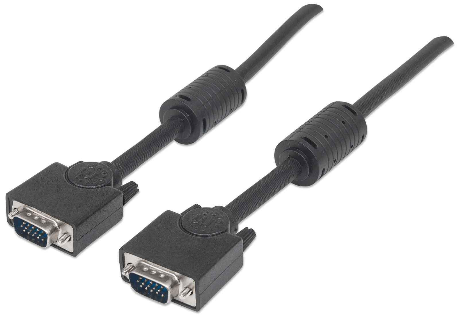 Manhattan SVGA Monitor Cable with Ferrite Cores, HD15, 1.8m, Male to Male, Shielded with Ferrite Cores to help minimise EMI interference for improved video transmission, Black, Lifetime Warranty