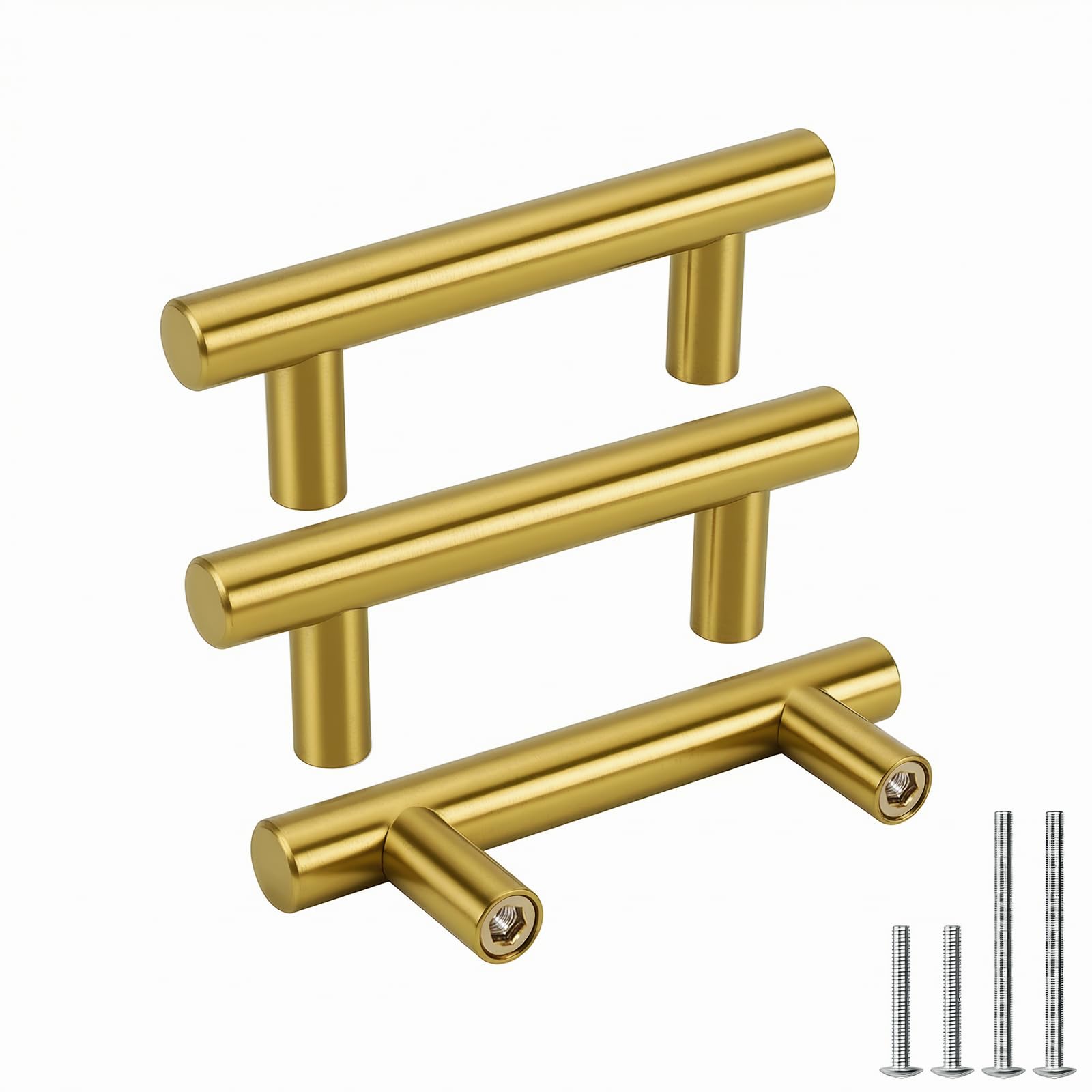 Goldenwarm 5pcs Brass Kitchen Door Handles Gold Cupboard Handles 64mm Hole Center Kitchen Hardware for Cabinets Gold File Cabinet Pulls