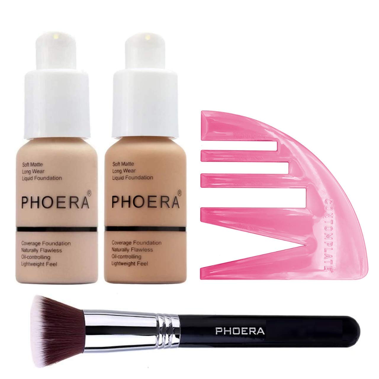 Phoera Foundation Full Coverage Makeup Set - Includes Nude & Buff Beige 30ml Matte Foundation, Phoera F80 Flat Kabuki Brush & Contomplate Contour Stencil for Sharper More Defined Features