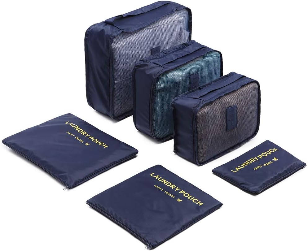 Kono 6PCS Travel Essential Bags-in-Bag Packing Cubes Durable Travel Luggage Organisers Suitcase Storage Bags Compression Pouches (Navy)