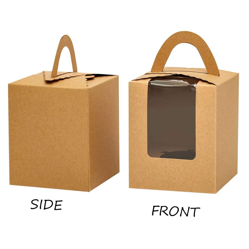 Kraft Cupcake Boxes,50pcs Single Cupcake Carrier with Window Insert and Handle Kraft Pastry Containers Muffins Cupcake Carriers for Bakery Wrapping Party Favor Packing