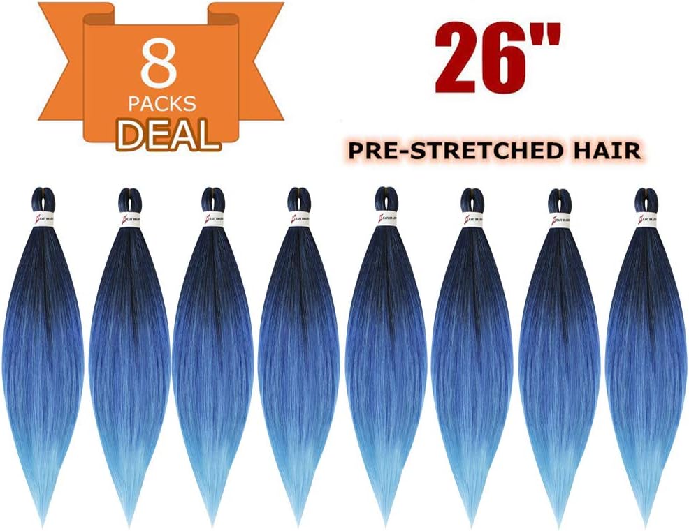 8Packs/Lot Easy Braid 26" Professional Pre-stretched Braiding Hair Itch Free Synthetic Fiber Hot Water Setting Perm Yaki Synthetic Hair for Twist Braids (T1B-Purple-Blue Color)