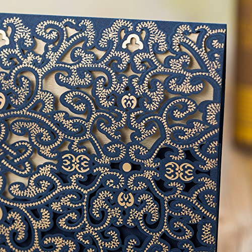 Gold Fortune 50 Packs Laser Cut Wedding Invitations with Cards Kit and Envelopes for Party Favors (YC067 Blue)