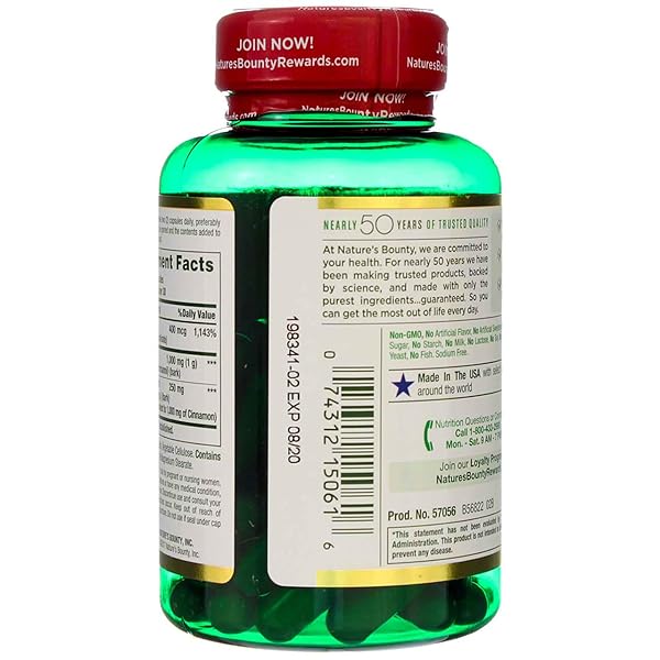 NATURE’S BOUNTY CINNAMON 2000MG PLUS CHROMIUM, SUGAR METABOLISM SUPPORT SUPPLEMENT, 60 CAPSULES