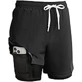 TXJ Sports Men's 2 in 1 Running Shorts 5" Athletic Workout Shorts for Men with Compression Liner Zip Pockets Gym Training