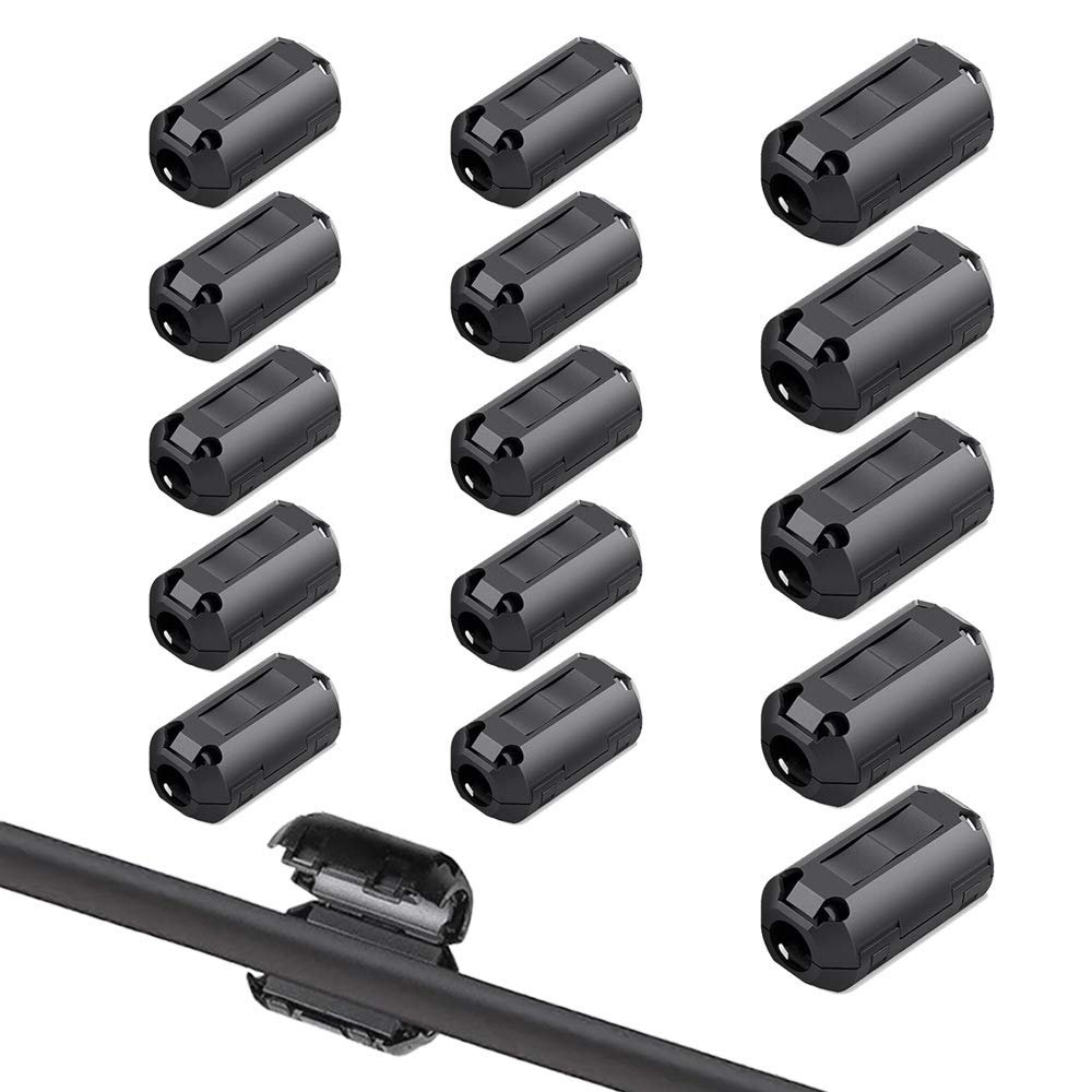 QitinDasen 15Pcs Black Clip-on Ferrite Ring Core Set, RFI EMI Noise Suppressor Cable Clip, Anti-Interference High-Frequency Filter (3.5mm 5mm 7mm Inner Diameter)