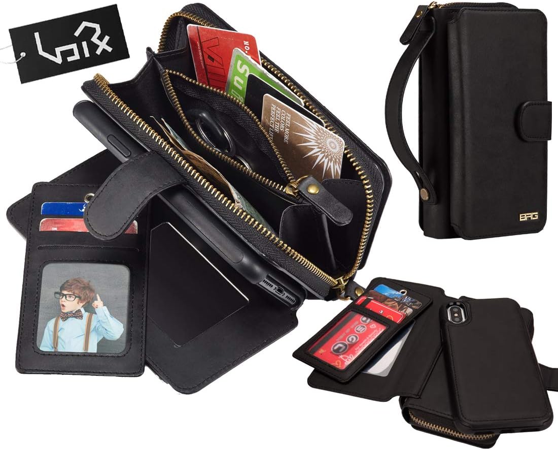 Urvoix for iPhone Xs Max Case, 2 in 1 Premium Leather Zipper Wallet Handbag Detachable Magnetic Case Cover with Clutch Strap Flip Card Holder for iPhone Xs Max(6.5-inch Display), Black