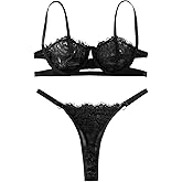 Lilosy Sexy Eyelash Underwire Floral Lace Sheer O Ring Linked Cutout Lingerie Set