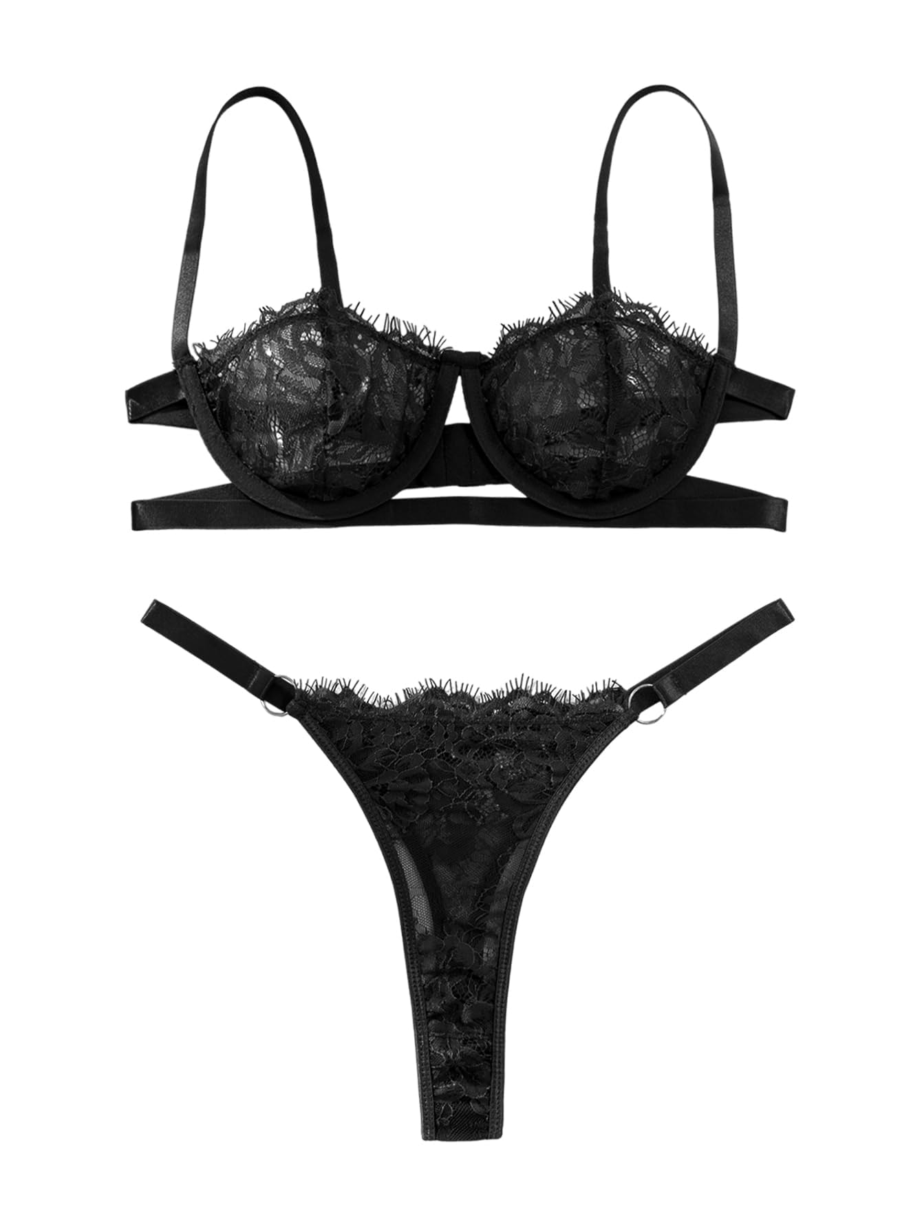 Photo 1 of (MISSING BOTTOMS) Lilosy Sexy Eyelash Underwire Floral Lace Sheer O Ring Linked Cutout Lingerie Set Women Push Up See Through Panty Bra 2 Piece Black Small