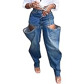 Vakkest Women's Baggy Denim Jeans Patchwwork Pants High Cutout Straight Wide Leg Stretchy Ripped Pants Y2K Streetwear