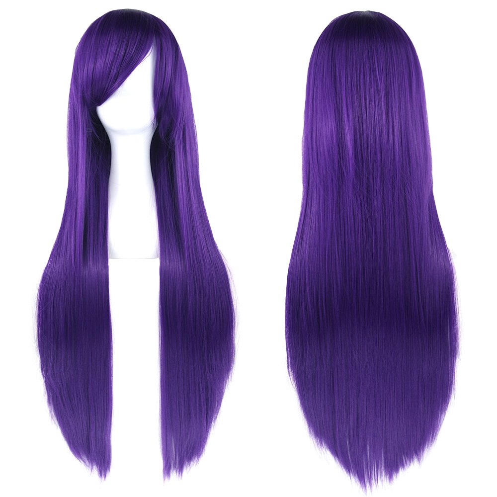 Fouriding 32" Dark Purple Women's Long Straight Full Wigs Costume Synthetic Hair Hairpieces with Oblique Bangs for Halloween Anime Cosplay Party Girl Women +Wig Cap