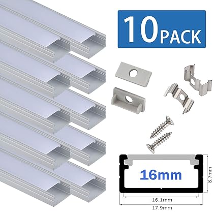 Profil LED 10x100cm für 16mm breite Light Strip, U-förmiges LED Strip Channel System mit Abdeckung, Endkappen und Montageclip