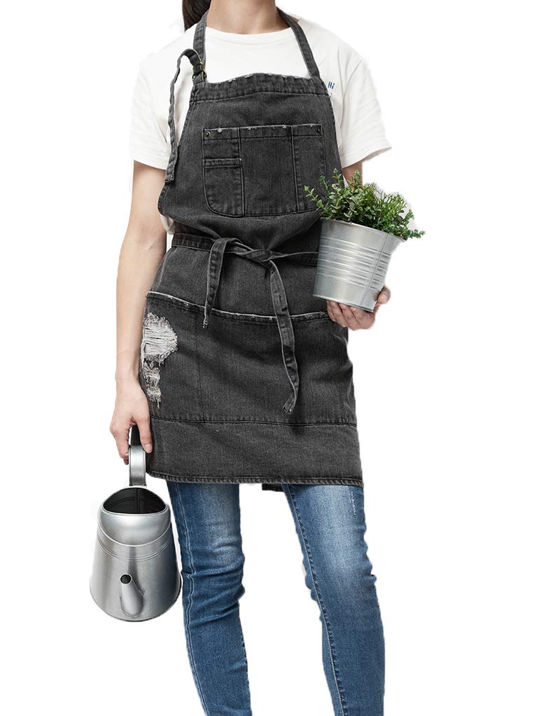 Pincy Denim Apron, Unisex Adjustable Bib Apron with Pockets for Cooking Kitchens