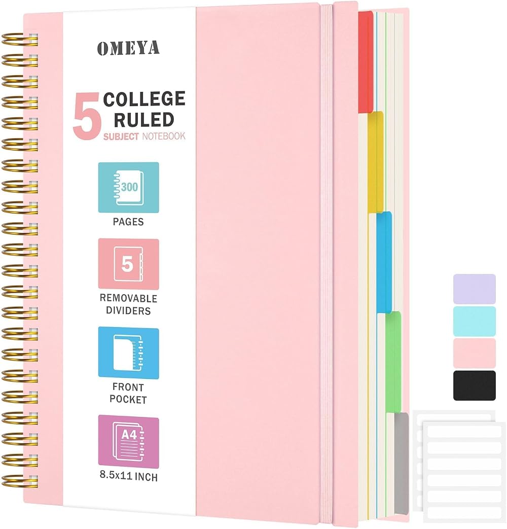 OMEYA Spiral Notebook 8.5 x 11 5 Subject College Ruled 300 Pages