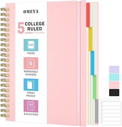 OMEYA Spiral Notebook 8.5 x 11 5 Subject College Ruled 300 Pages