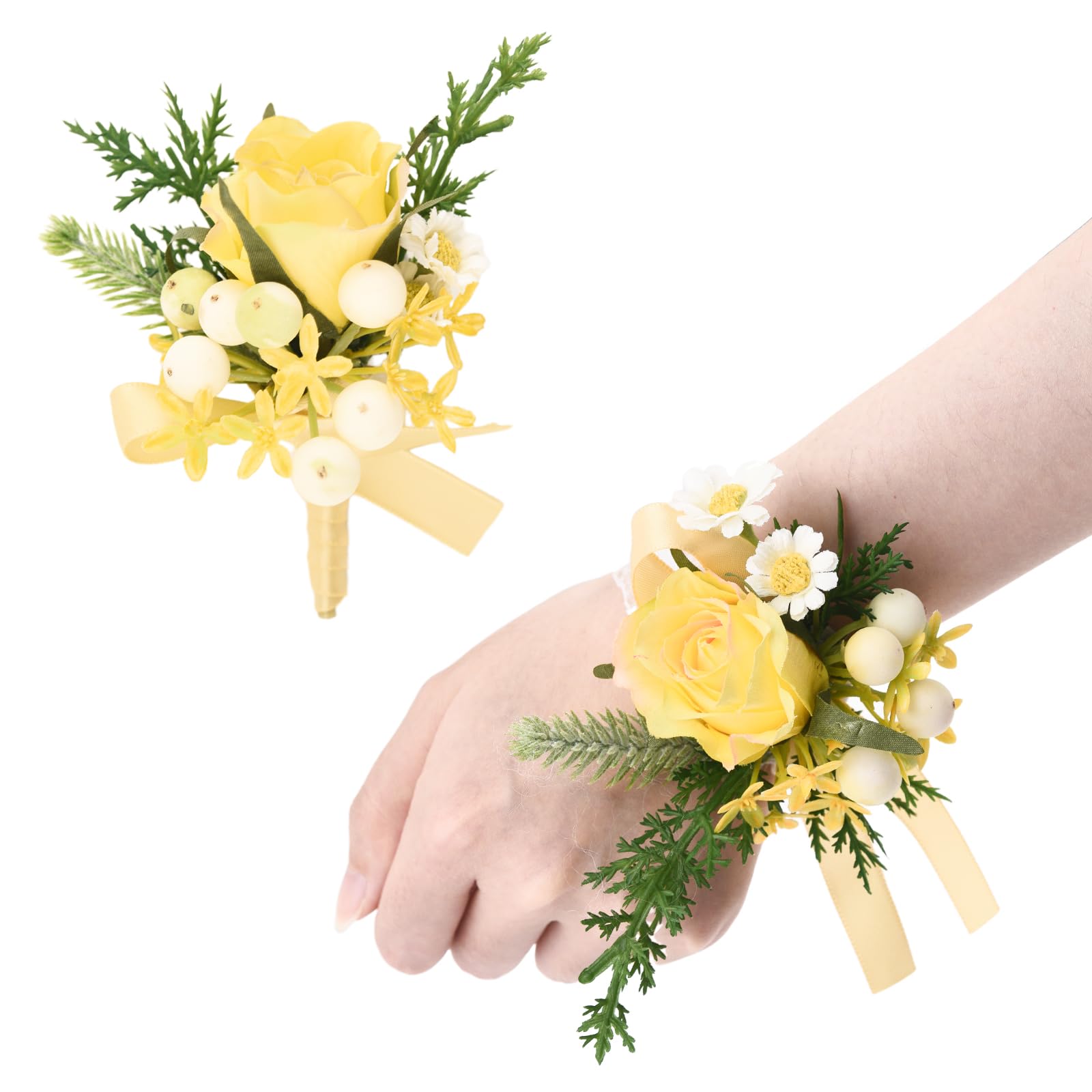 URROMA Wedding Wrist Corsage and Boutonniere Set, 2 Pcs Artificial Light Yellow Flower Rose Hand Flower Set for Graduation Prom Wedding Party