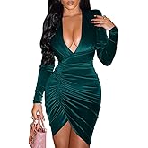 YMDUCH Women's Sexy Long Sleeve V Neck Ruched Bodycon Wrap Cocktail Club Mini Dress