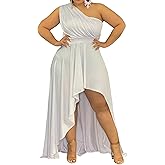 Ekaliy Women's Plus Size One Shoulder Dress Elegant High Low Irregular Hem Flowy Party Cocktail Maxi Dress