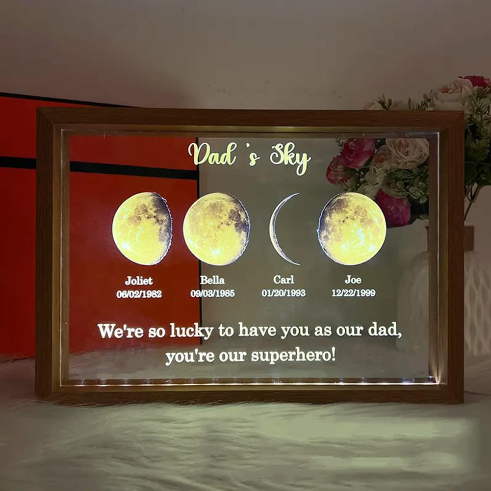 Personalized Moon Phase Light Frame for Dad/MOM and Family Custom LED Frame with Kids Names and Birthdates Perfect Gift for Father's Day Mother's Day Birthdays and Anniversaries