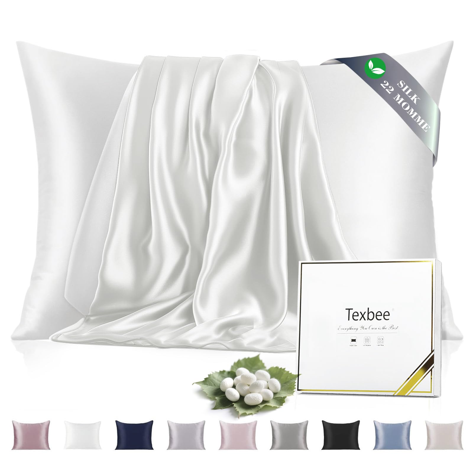 Texbee Silk Pillowcase, 22 Momme Mulberry Silk Pillowcases for Hair and Skin Health, Soft Smooth Breathable Cool Pure Pillow Case for Beauty Sleep, with Gift Box, 1pc (Standard 50x66 cm, Ivory White)